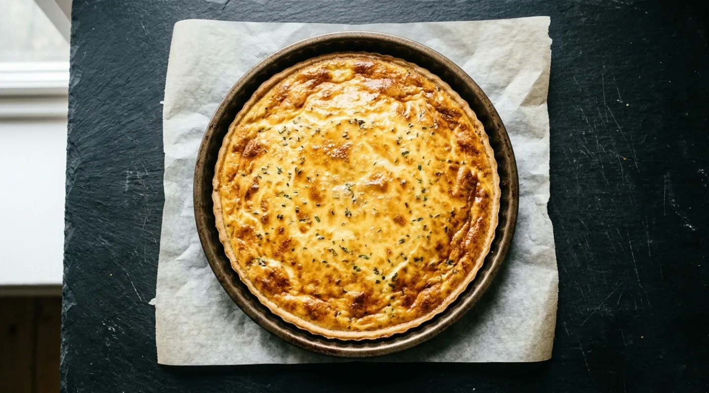 Quiche lorraine entière à la sortie du four, croûte dorée et centre encore tremblant
