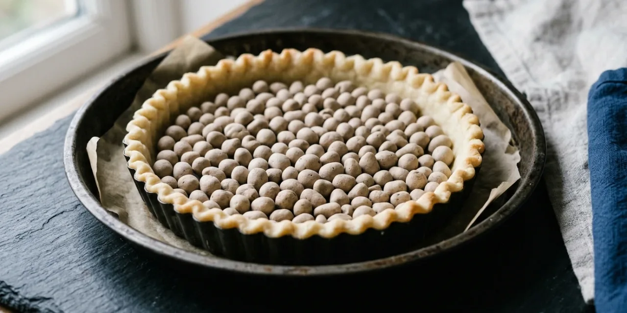 Fond de pâte brisée précuit à blanc, lesté de billes de cuisson