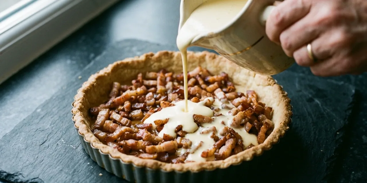 Appareil œufs-crème versé sur les lardons égouttés dans le fond de tarte