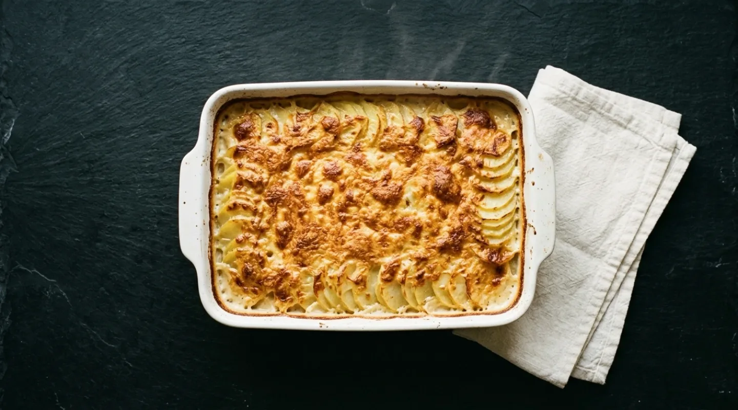 Gratin dauphinois à la sortie du four, surface dorée et tranches régulières visibles au bord