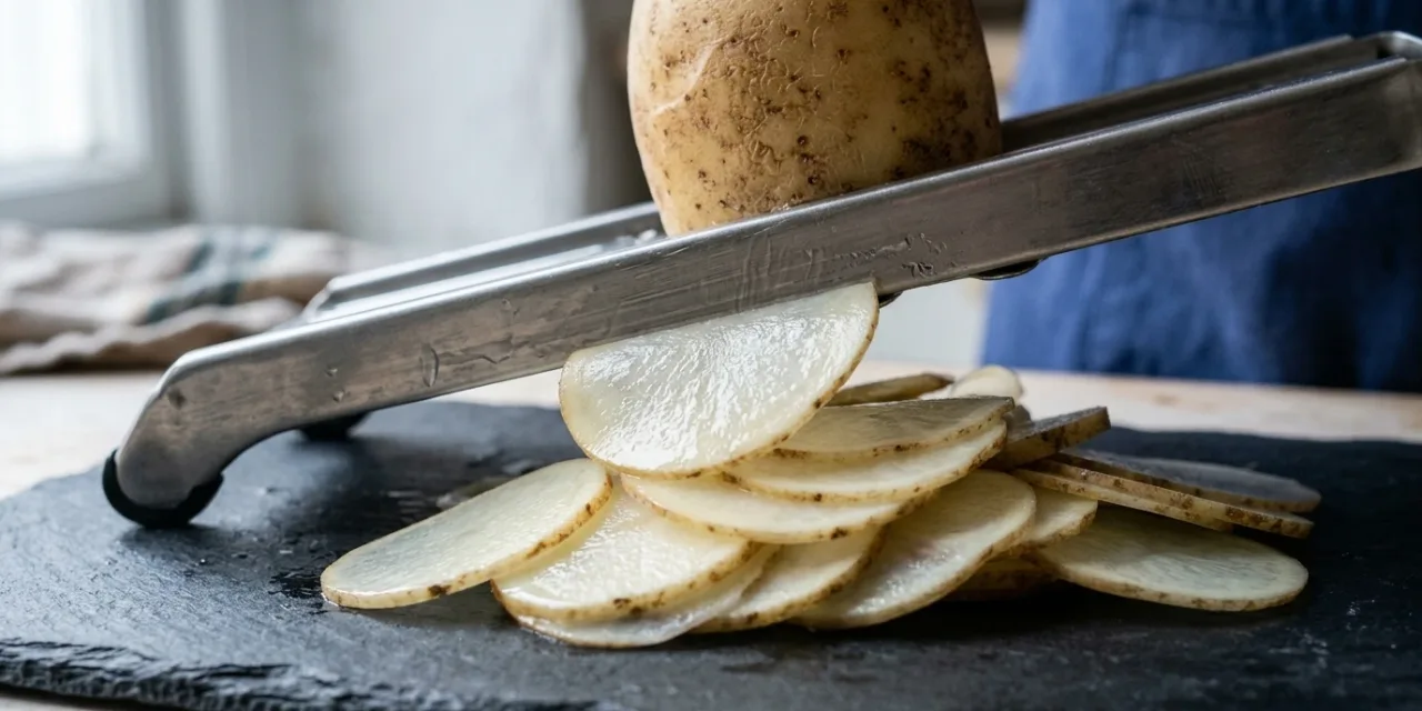 Pommes de terre à chair ferme tranchées à deux millimètres à la mandoline