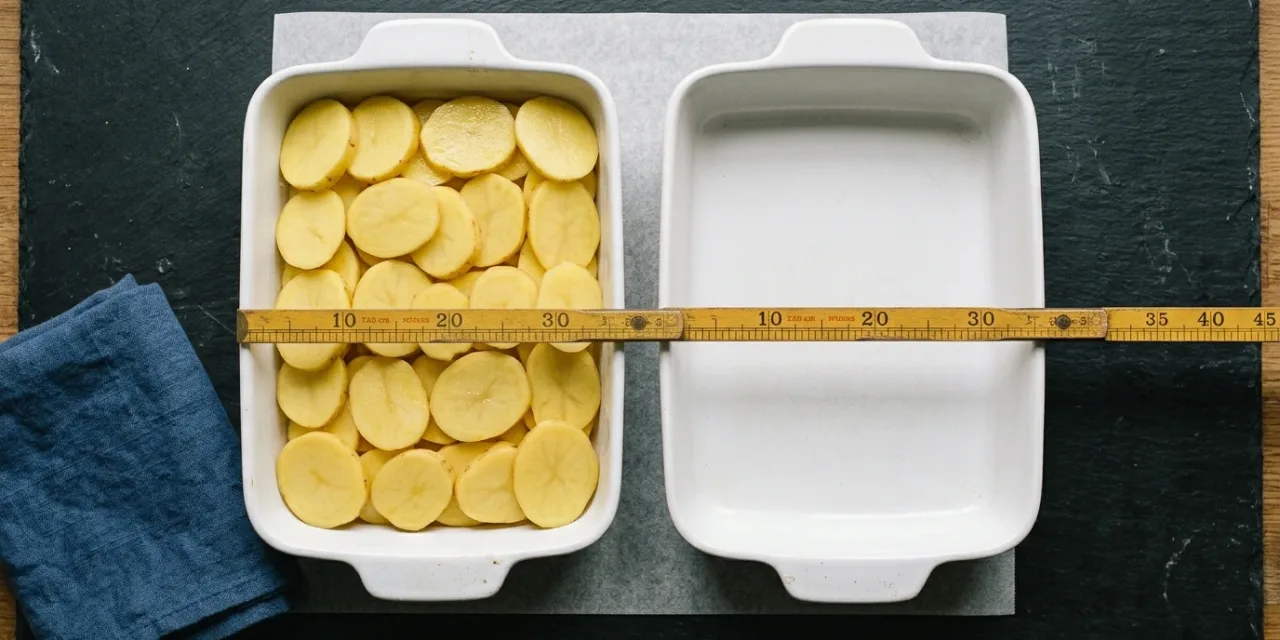 Deux plats à gratin de même format côte à côte, illustrant la règle de surface