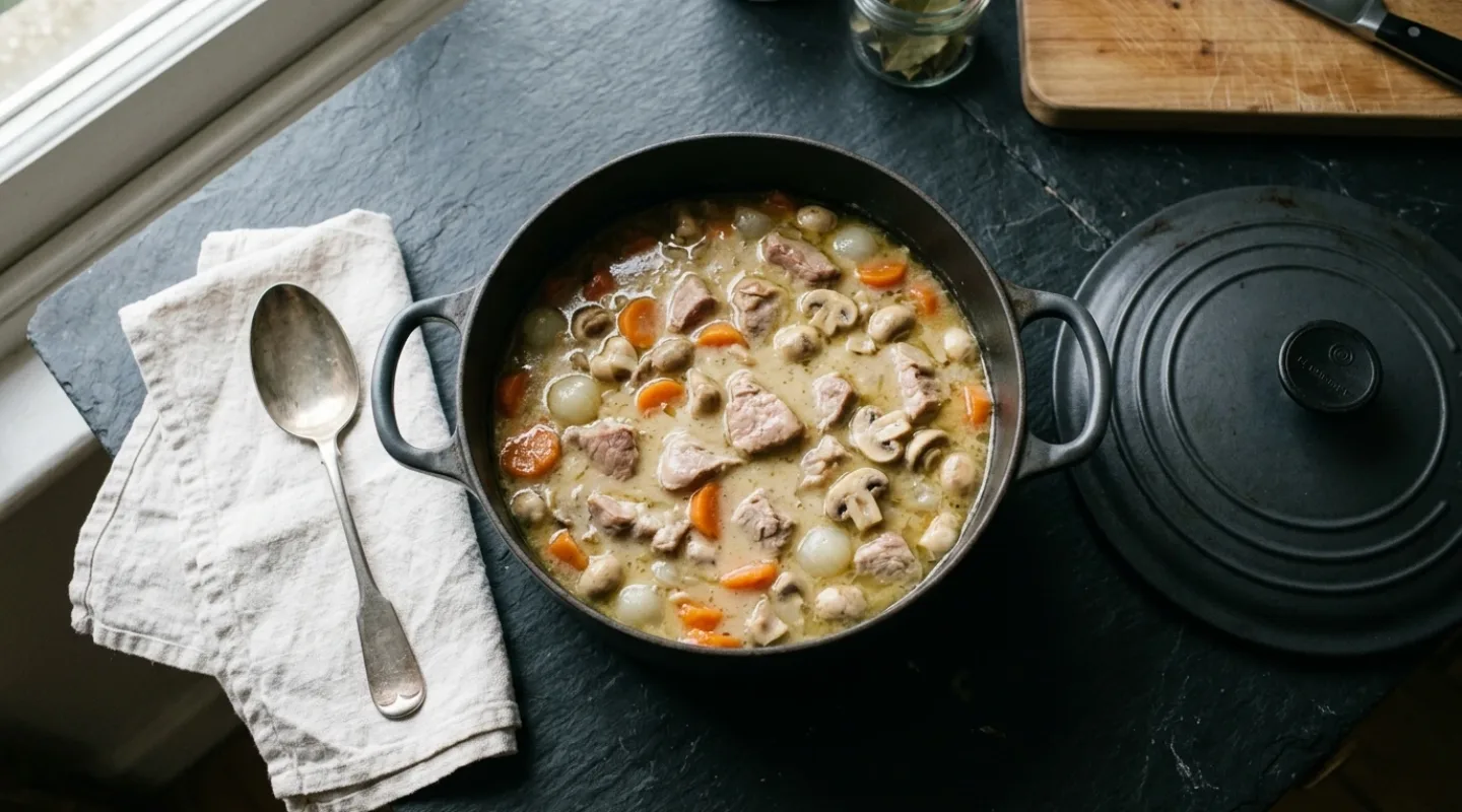 Blanquette de veau en cocotte, sauce liée et bouillon clair