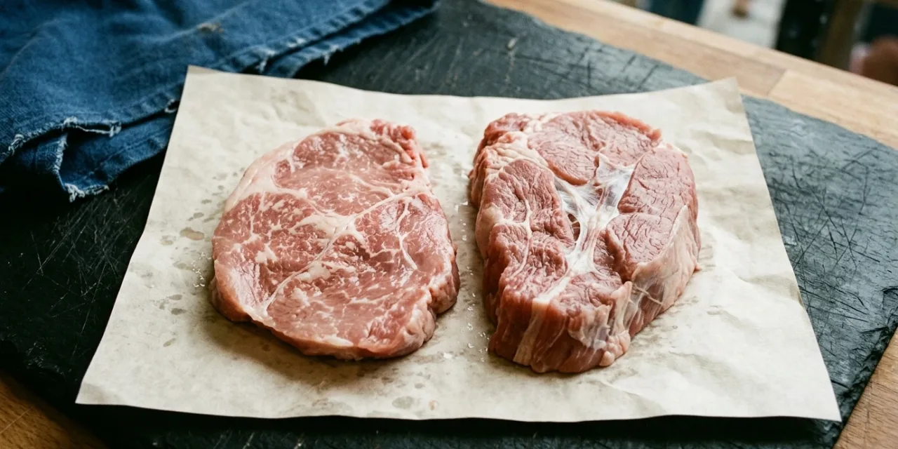 Morceaux de veau crus sur papier de boucher, tendron et épaule côte à côte