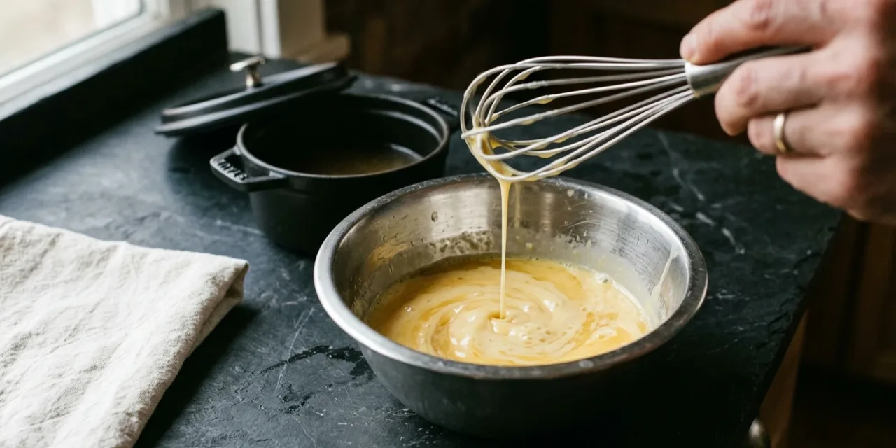 Liaison de la sauce hors du feu, jaune d'œuf et crème détendus au bouillon chaud