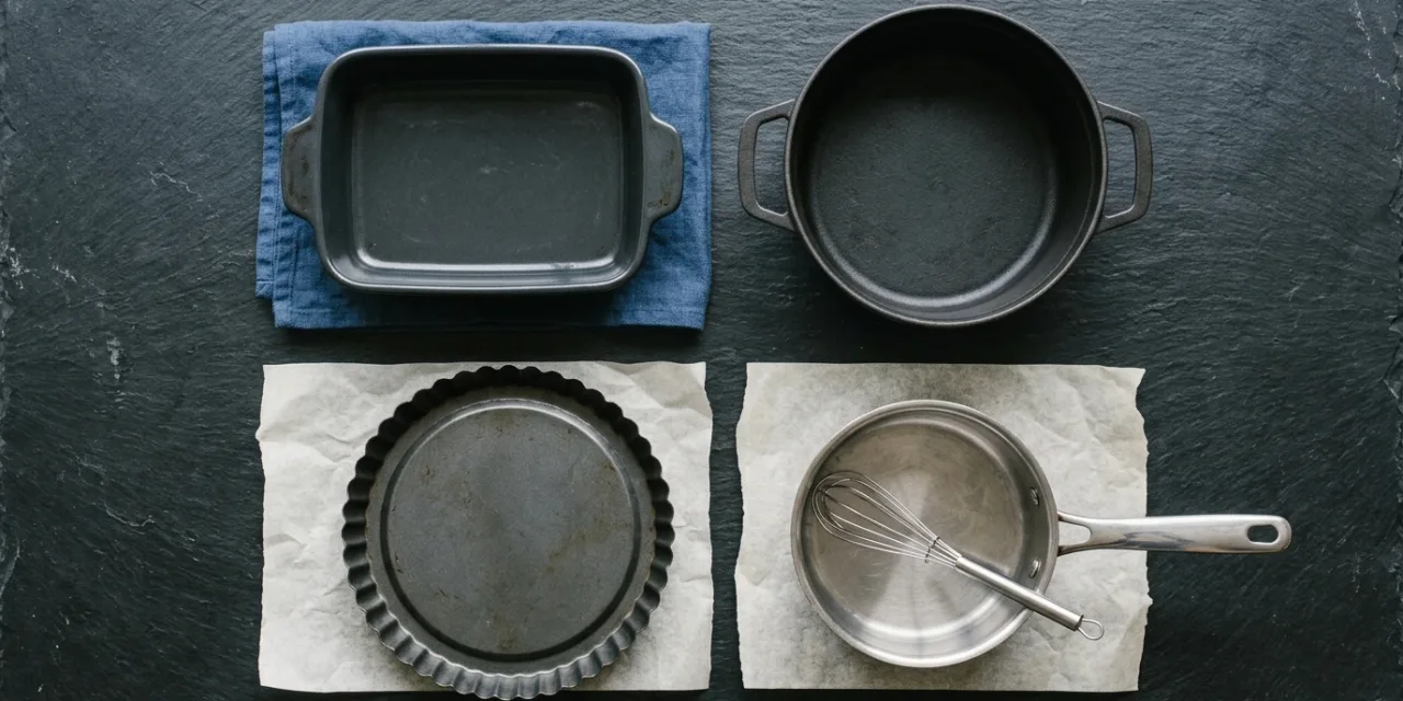 Quatre casseroles et plats représentant les quatre terrains du répertoire
