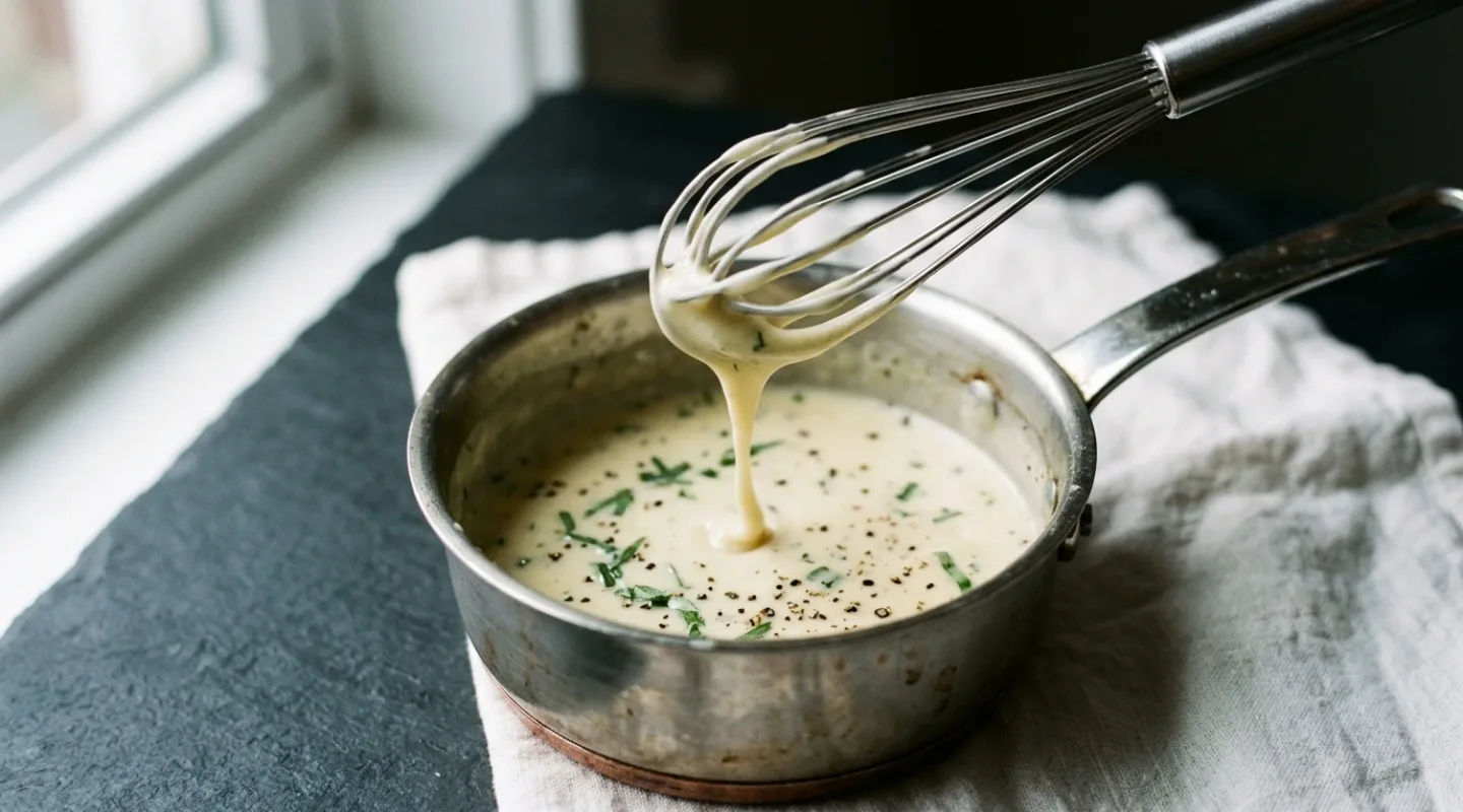 Sauce béarnaise montée dans une casserole, texture nappante au fouet