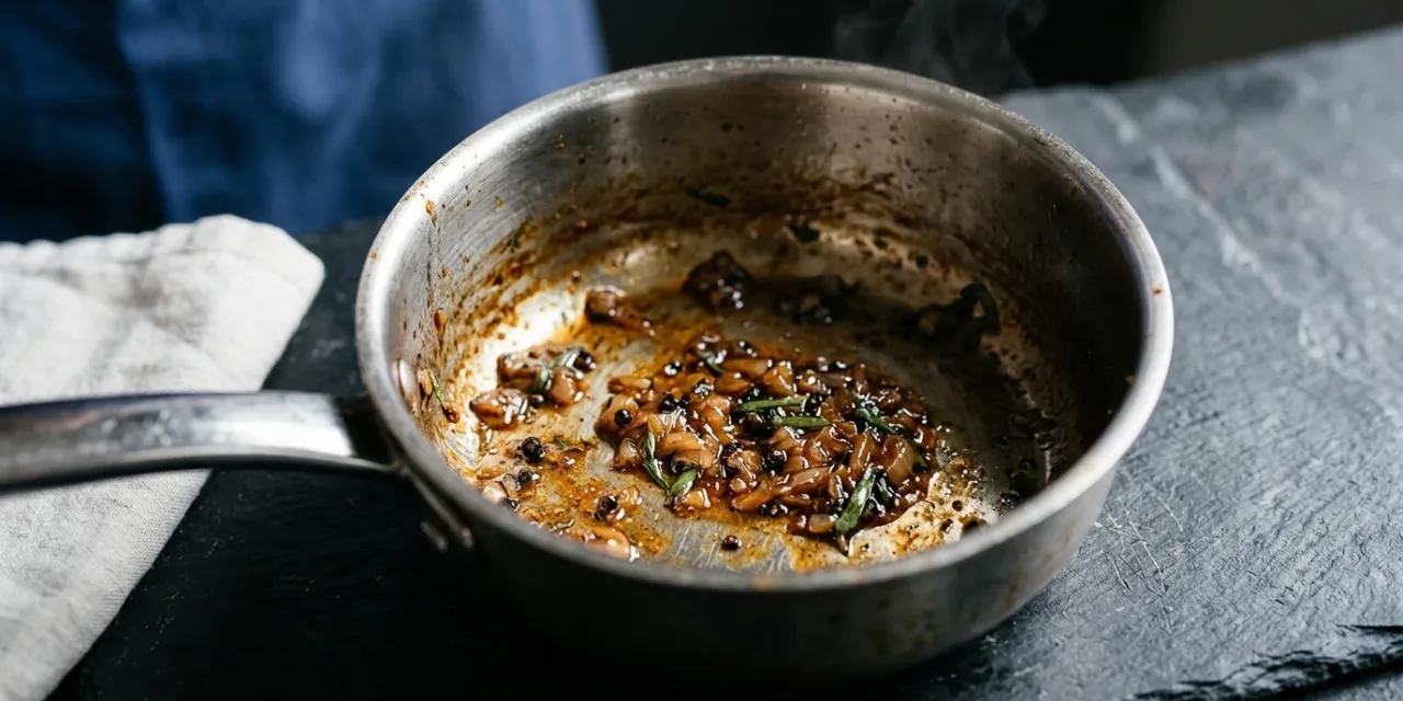 Réduction de vinaigre, échalote et estragon presque à sec dans la casserole