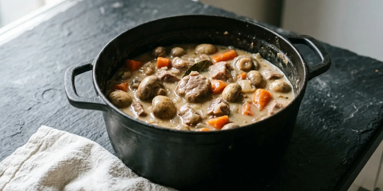 Blanquette de veau en cocotte, carottes et champignons visibles dans la sauce