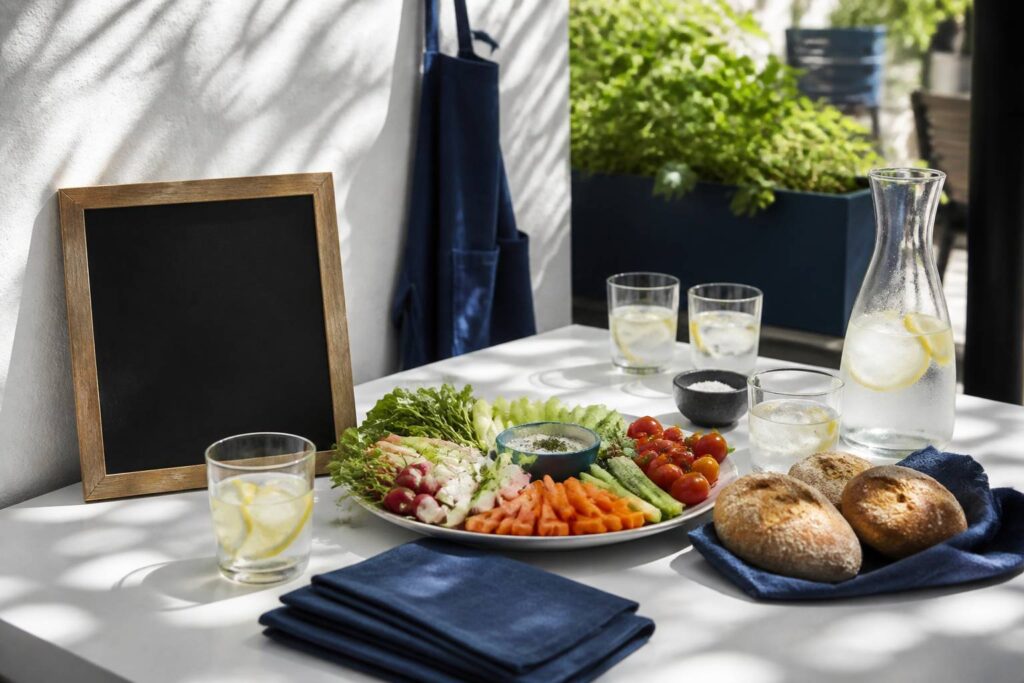 Table d'apéritif estivale avec plateau de crudités et verres de boissons fraîches en terrasse