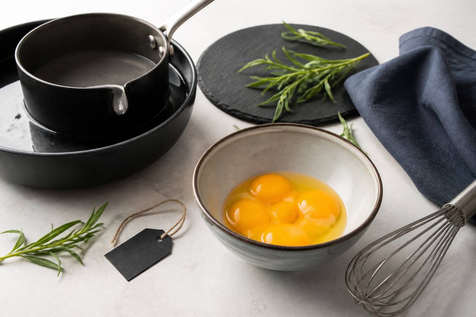 Rattrapage d'une béarnaise : jaunes d'œufs, fouet et casserole au bain-marie en cuisine