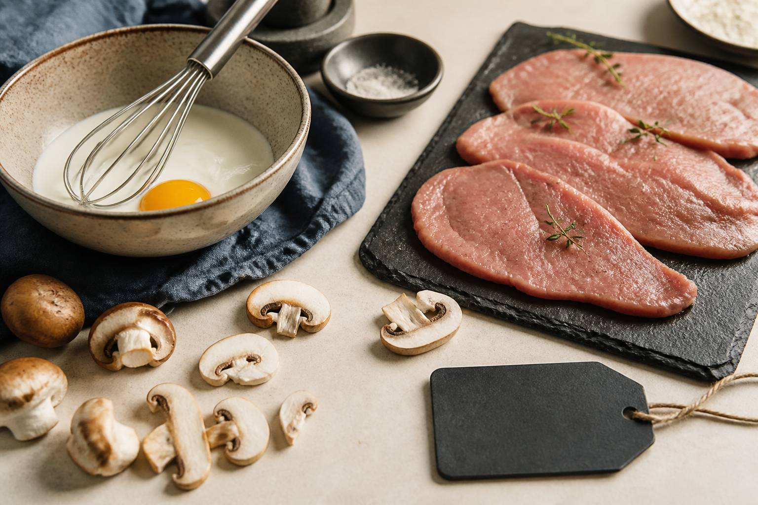 Champignons frais émincés et bol de crème et jaune d'œuf pour la liaison d'une blanquette