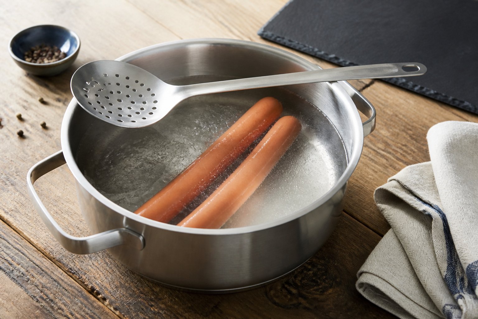 Casserole d'eau frémissante à petits bouillons avec deux saucisses de Strasbourg et une écumoire