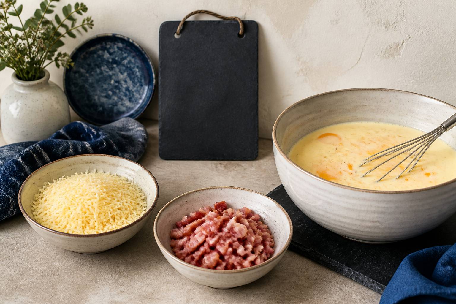 Bol de fromage râpé et bol de lardons à côté d'un saladier d'appareil à quiche