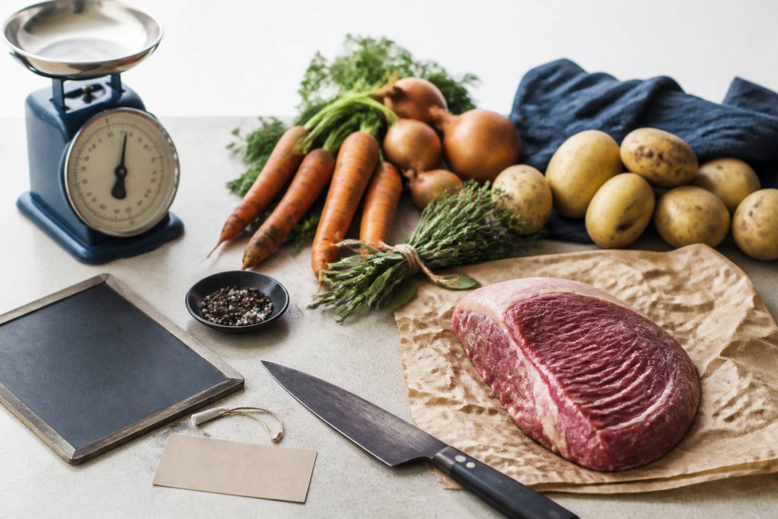 Ingrédients bruts d'un plat du jour — légumes, viande et épices — sur un plan de travail