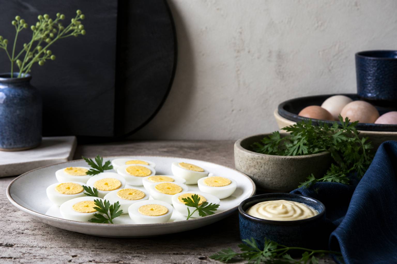 Préparation d'œufs mayonnaise : œufs durs coupés, bol de mayonnaise et persil sur un plan de travail