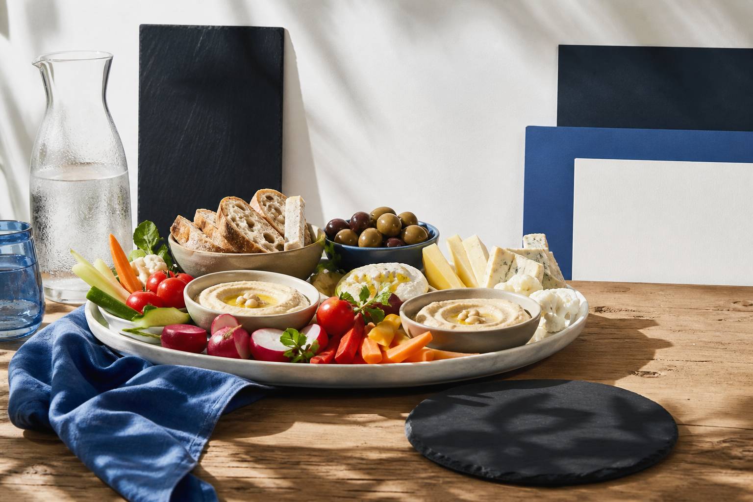 Plateau d'apéritif dînatoire avec houmous, légumes croquants, olives et fromages sur table en bois