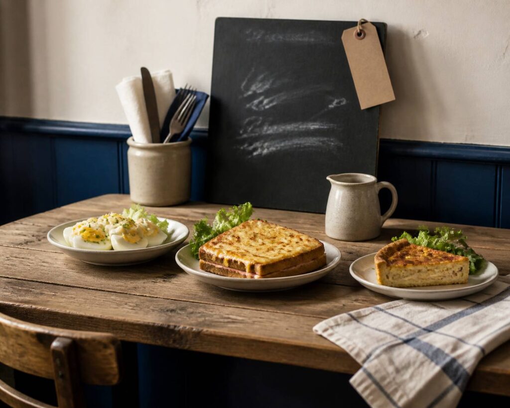 Assiettes de plats de bistrot économiques — œufs mayonnaise, croque-monsieur et quiche — sur une table en bois