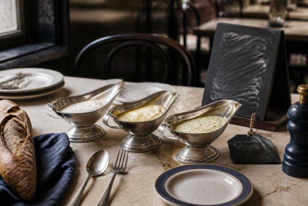 Trois saucières de sauces classiques — beurre blanc, hollandaise et béarnaise — sur une table bistrot