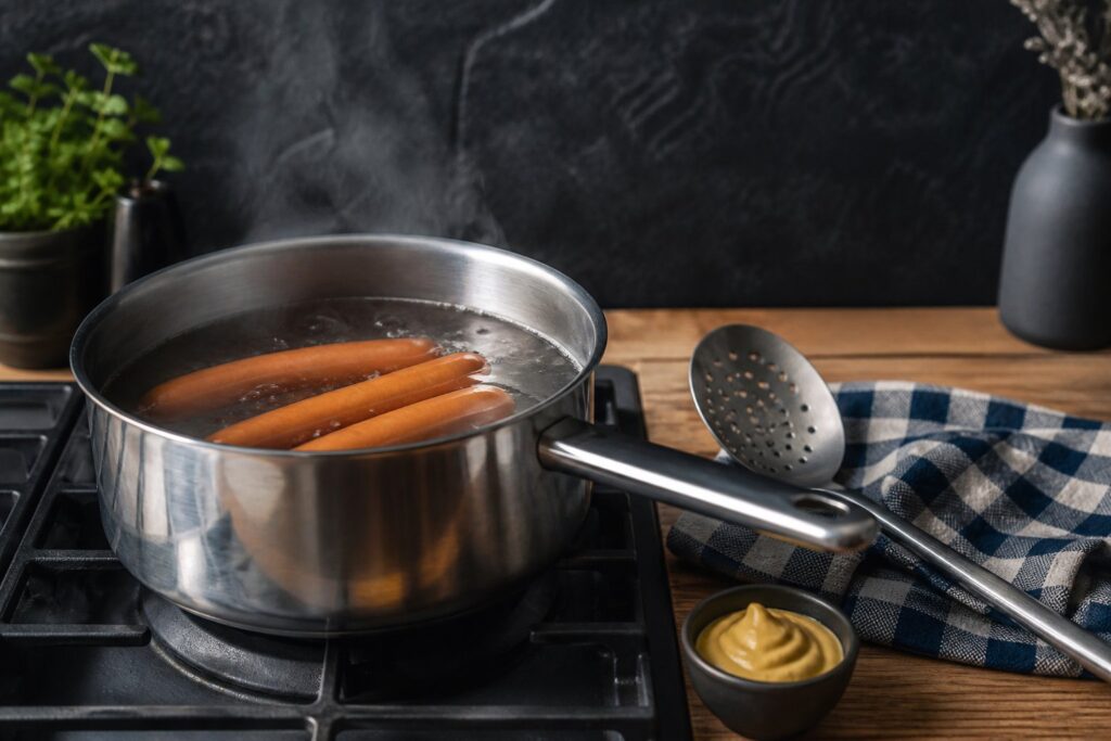 Saucisses de Strasbourg dans une casserole d'eau frémissante avec écumoire et moutarde