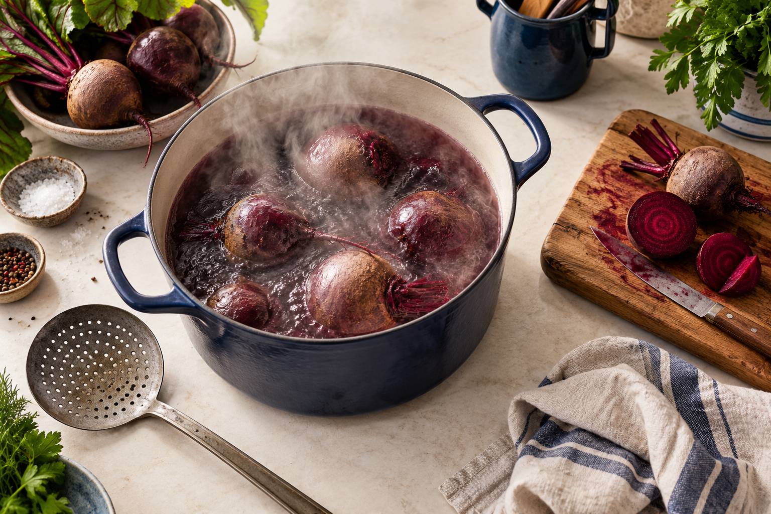 Betteraves entieres en train de cuire dans une casserole d'eau fumante