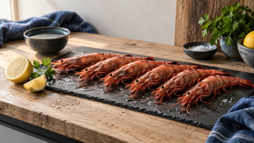 Grandes crevettes rouges crues alignees sur une ardoise avec citron