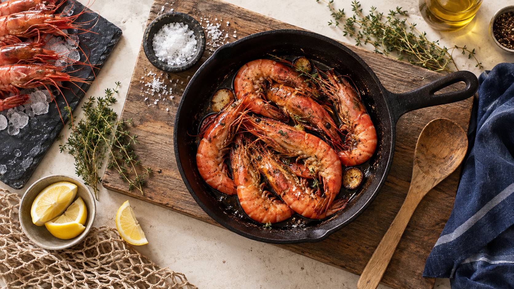 Crevettes rouges juste saisies dans une poele en fonte