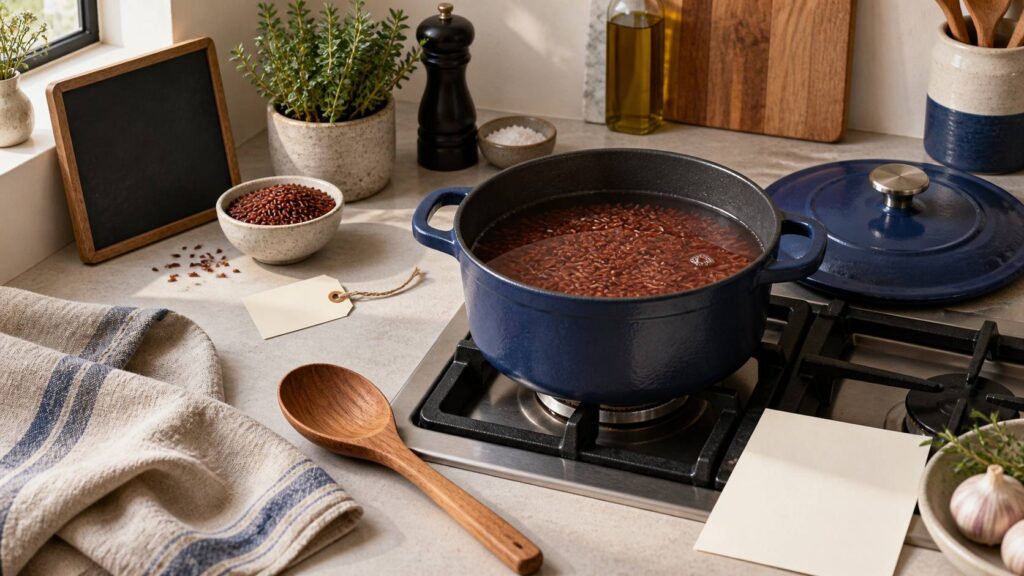 Casserole à fond épais avec riz rouge et eau en cours de cuisson