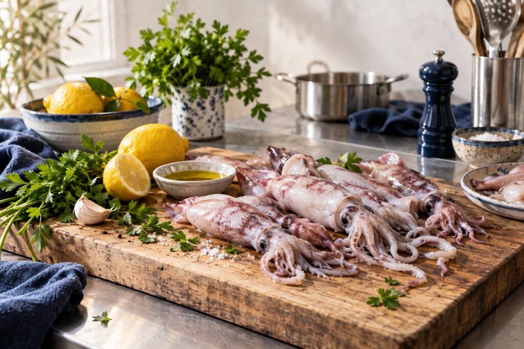 Petits calamars frais et persil posés sur une planche en bois