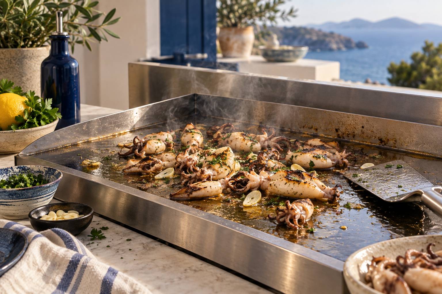 Chipirons en cuisson sur une plancha avec ail et persil