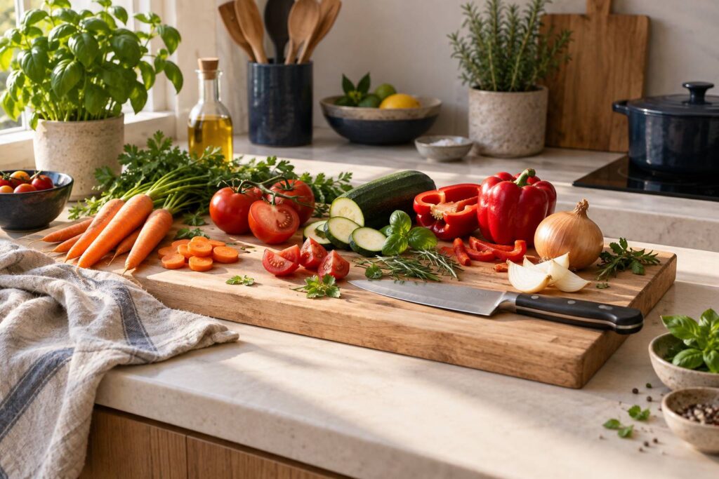 Plan de travail avec legumes, herbes fraiches et couteau de chef