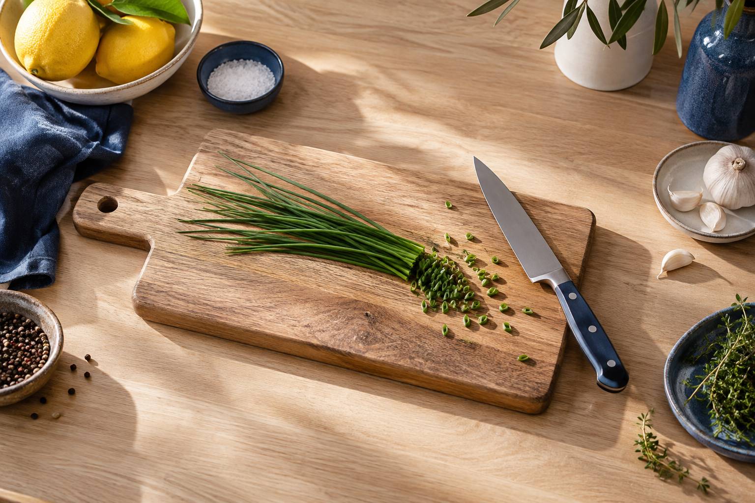 Herbe fraiche taillee en biais sur une planche a decouper