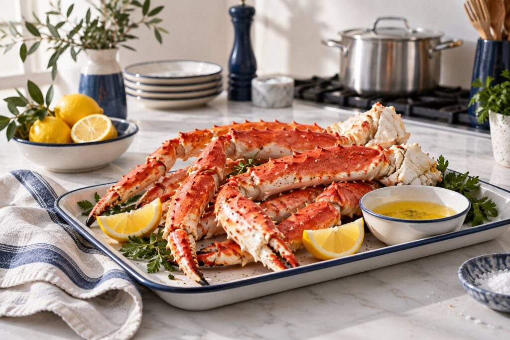 Pattes de crabe royal precuites sur plaque emaillee avec beurre et citron