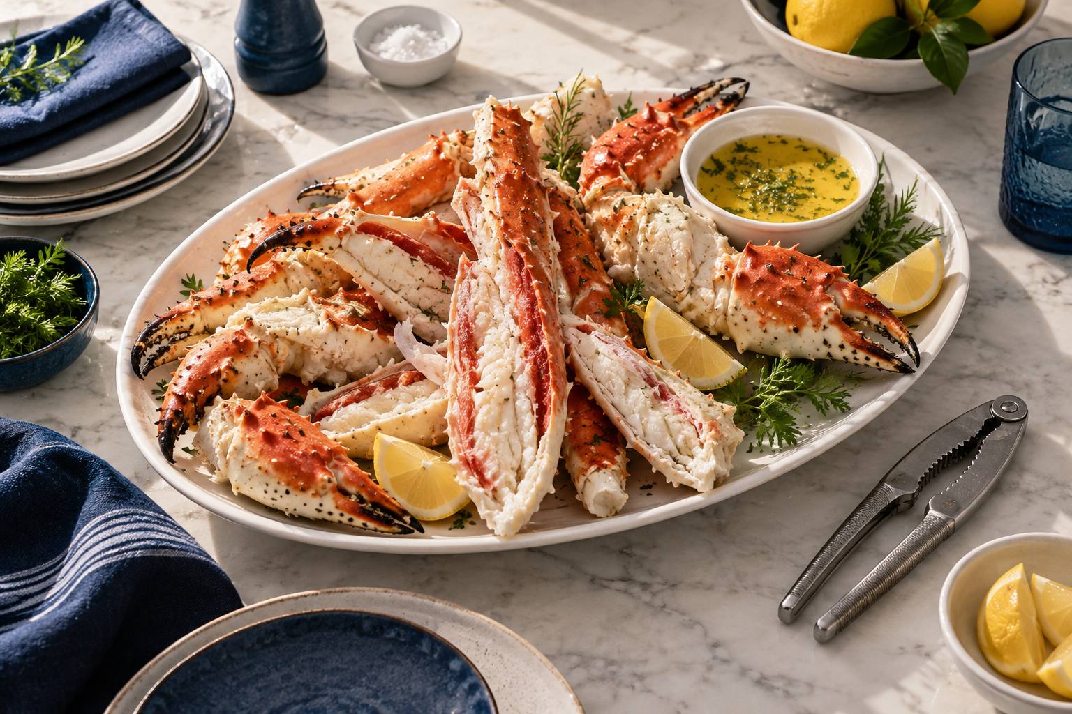 Pattes de crabe royal ouvertes, chair blanche et casse-noix