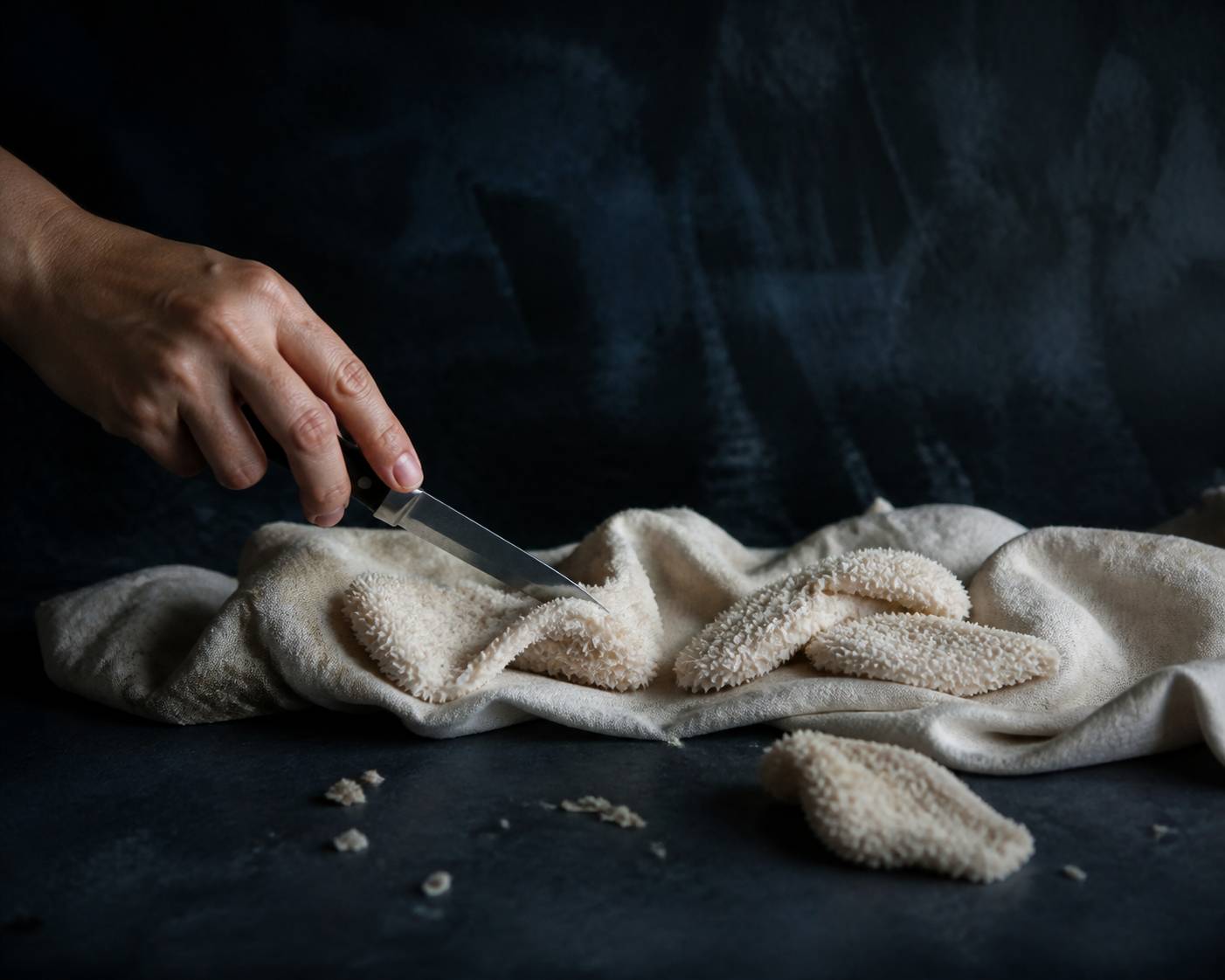 Crêtes de coq blanchies posées sur un linge parées au couteau