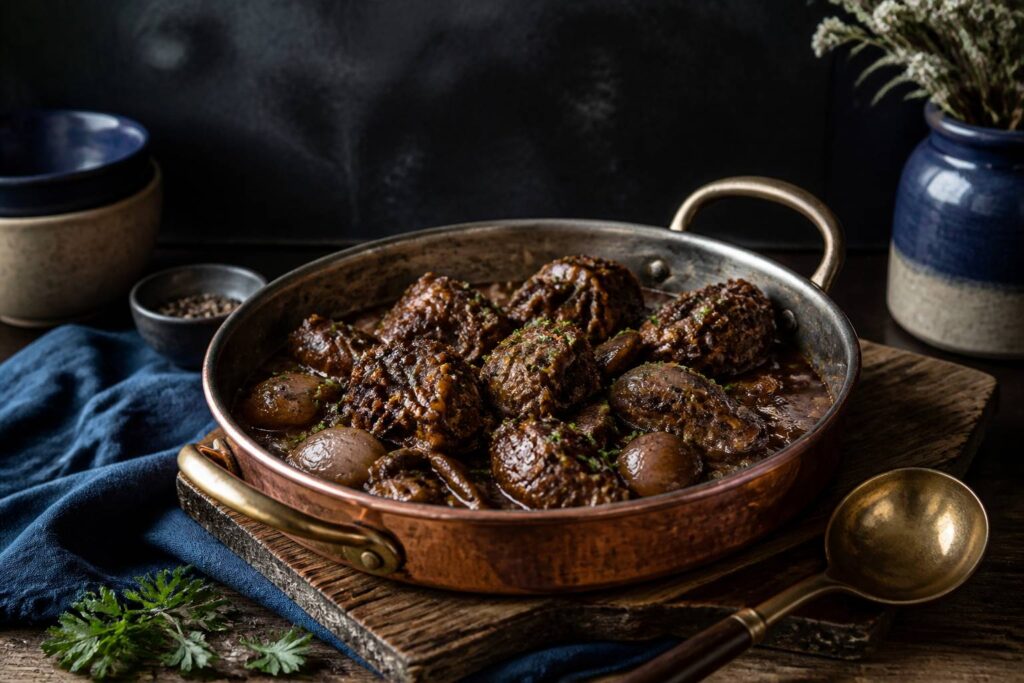 Crêtes de coq préparées dans une poêle en cuivre avec sauce au vin