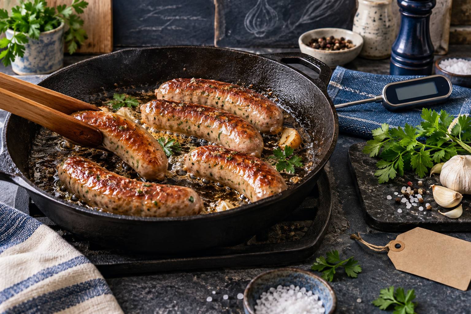 Saucisses de Toulouse cuisant à la poêle avec un thermomètre à viande