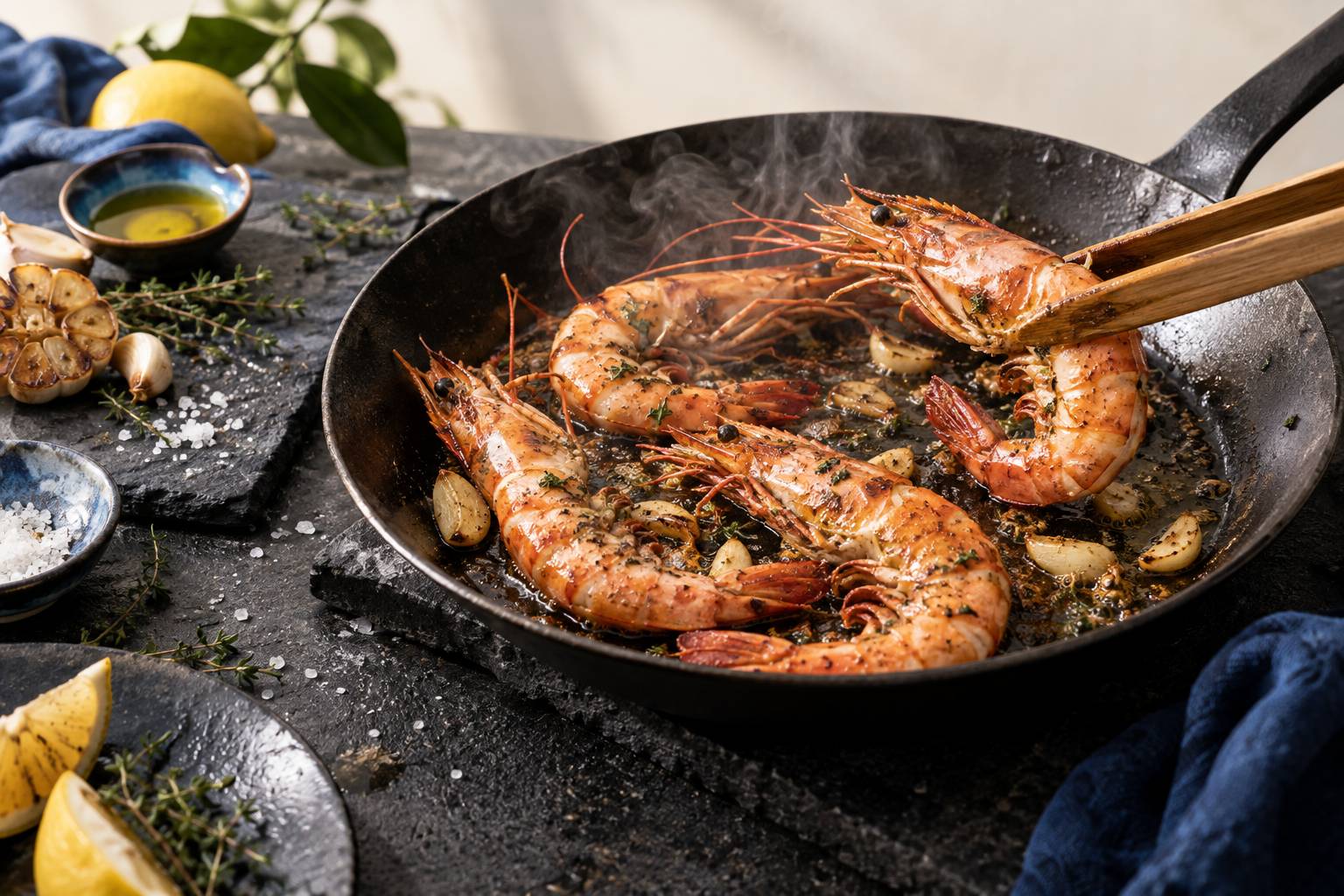 Détail de grosses crevettes en train de saisir dans une poêle