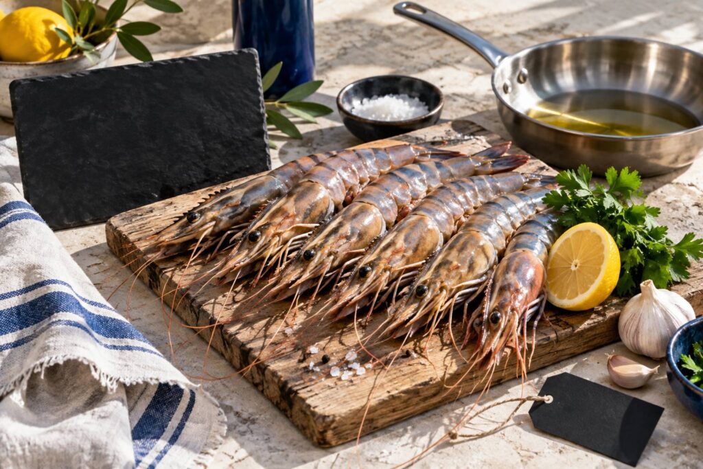 Grosses crevettes gamberoni entières crues sur une planche avec citron
