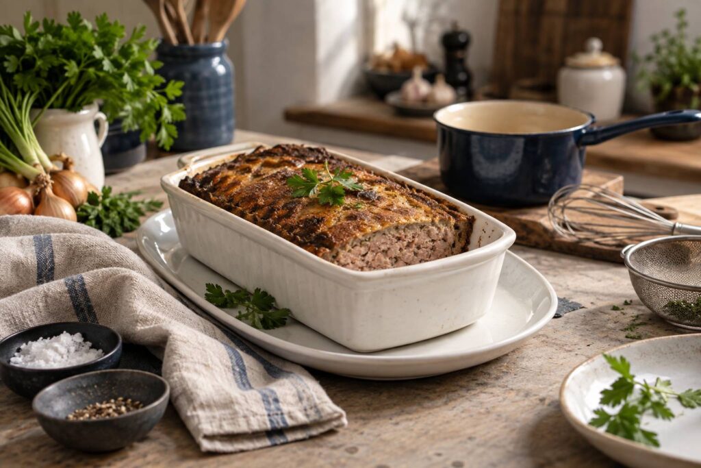 Terrine de gateau de foies de volaille et ustensiles sur un plan de travail