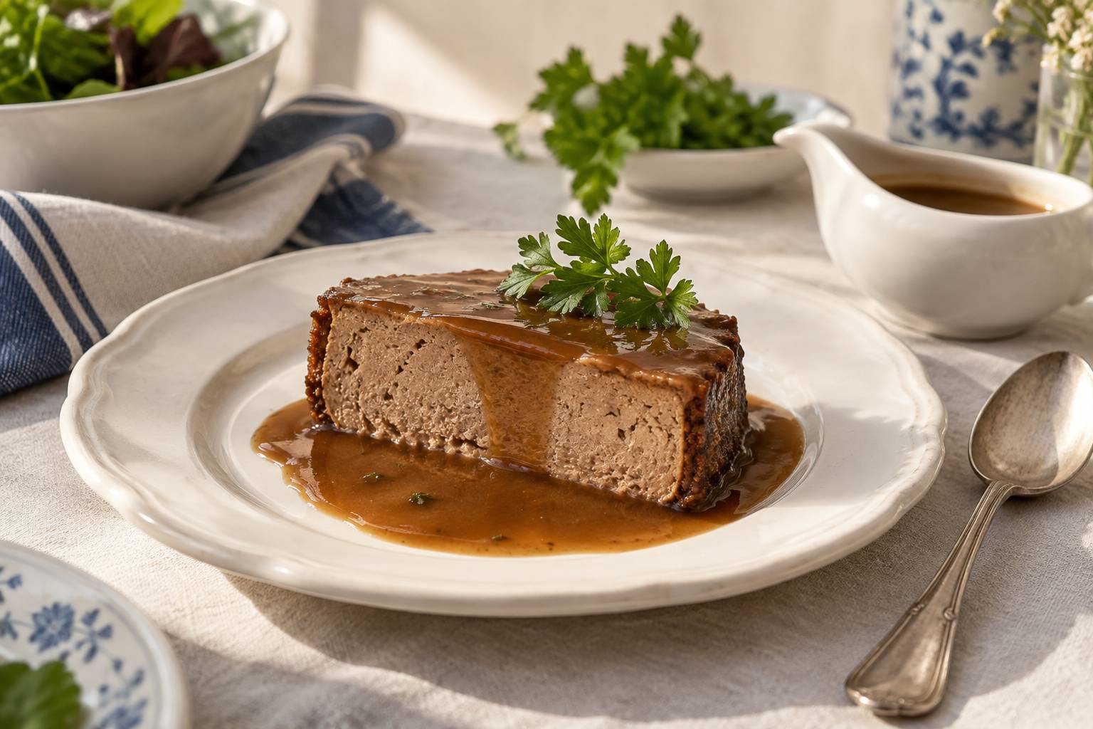 Tranche de gateau de foies de volaille nappee de sauce sur une assiette