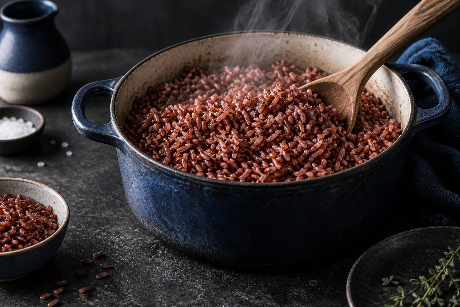Gros plan sur des grains de riz rouge cuits avec vapeur légère