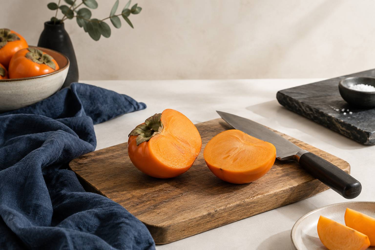 Kaki coupe en deux sur une planche avec chair orange visible