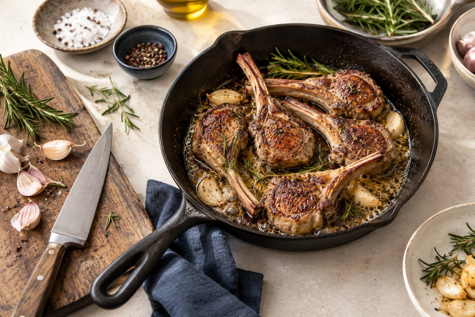 Cotelettes d'agneau en cuisson dans une poele en fonte avec de l'ail