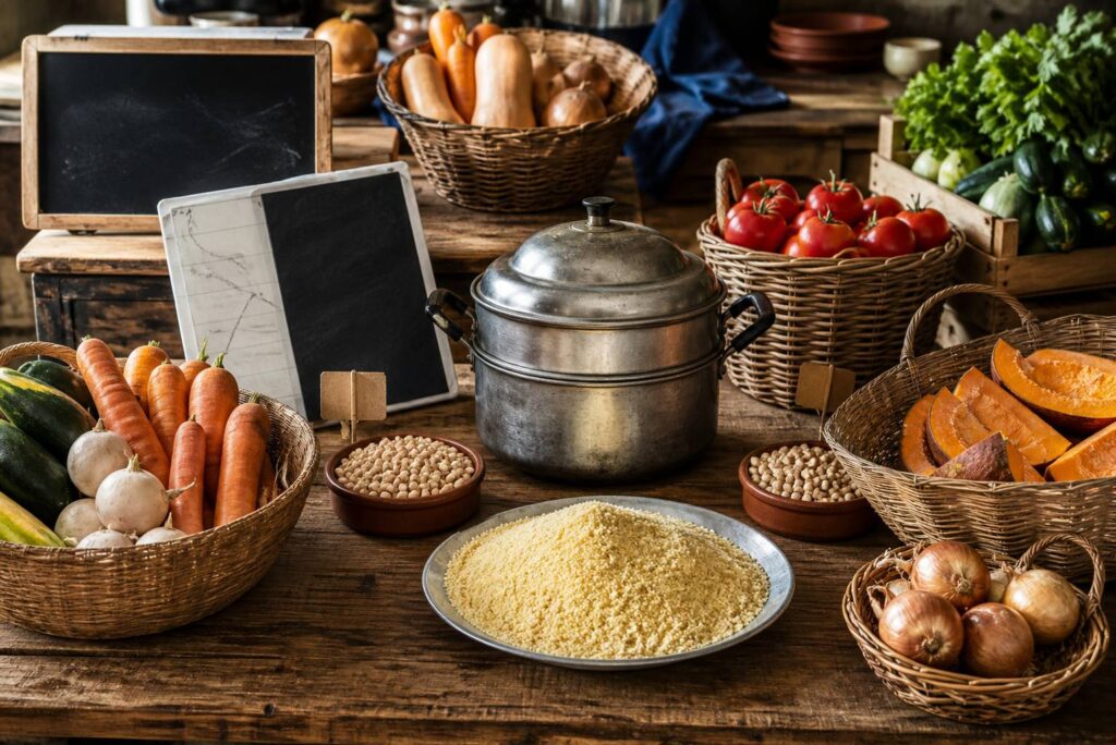 Légumes frais du couscous en paniers avec semoule dorée et couscoussière