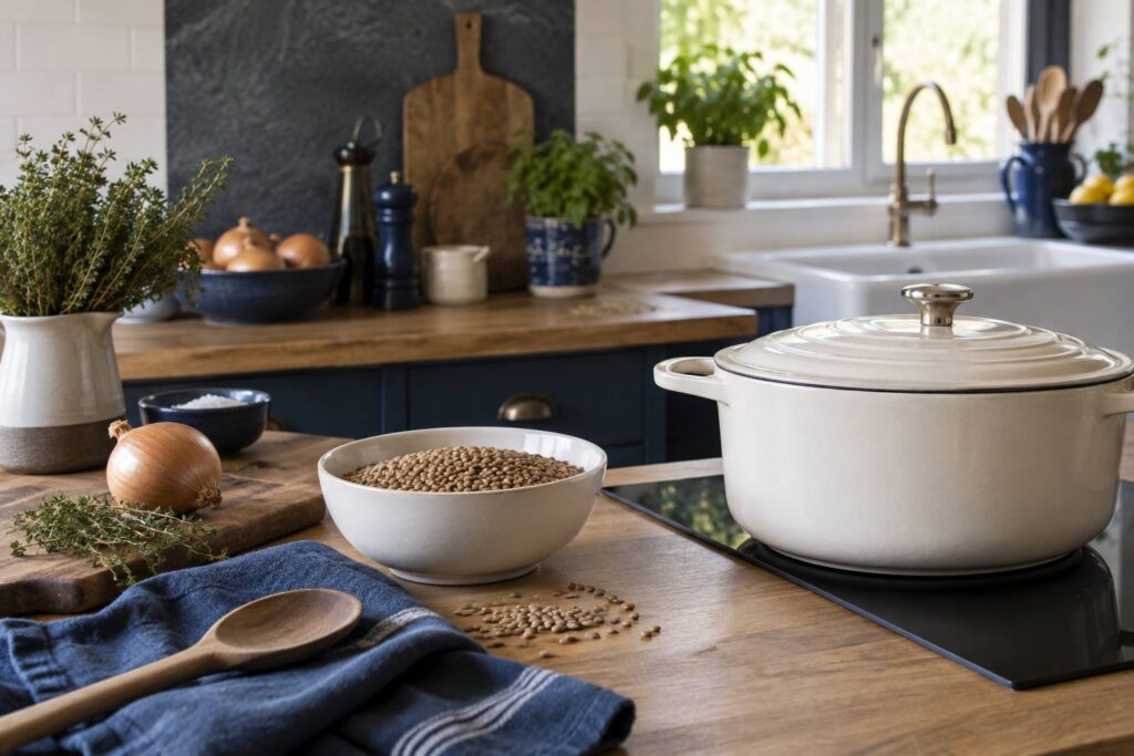 Cocotte, bol de lentilles blondes et cuillère en bois en cuisine lumineuse