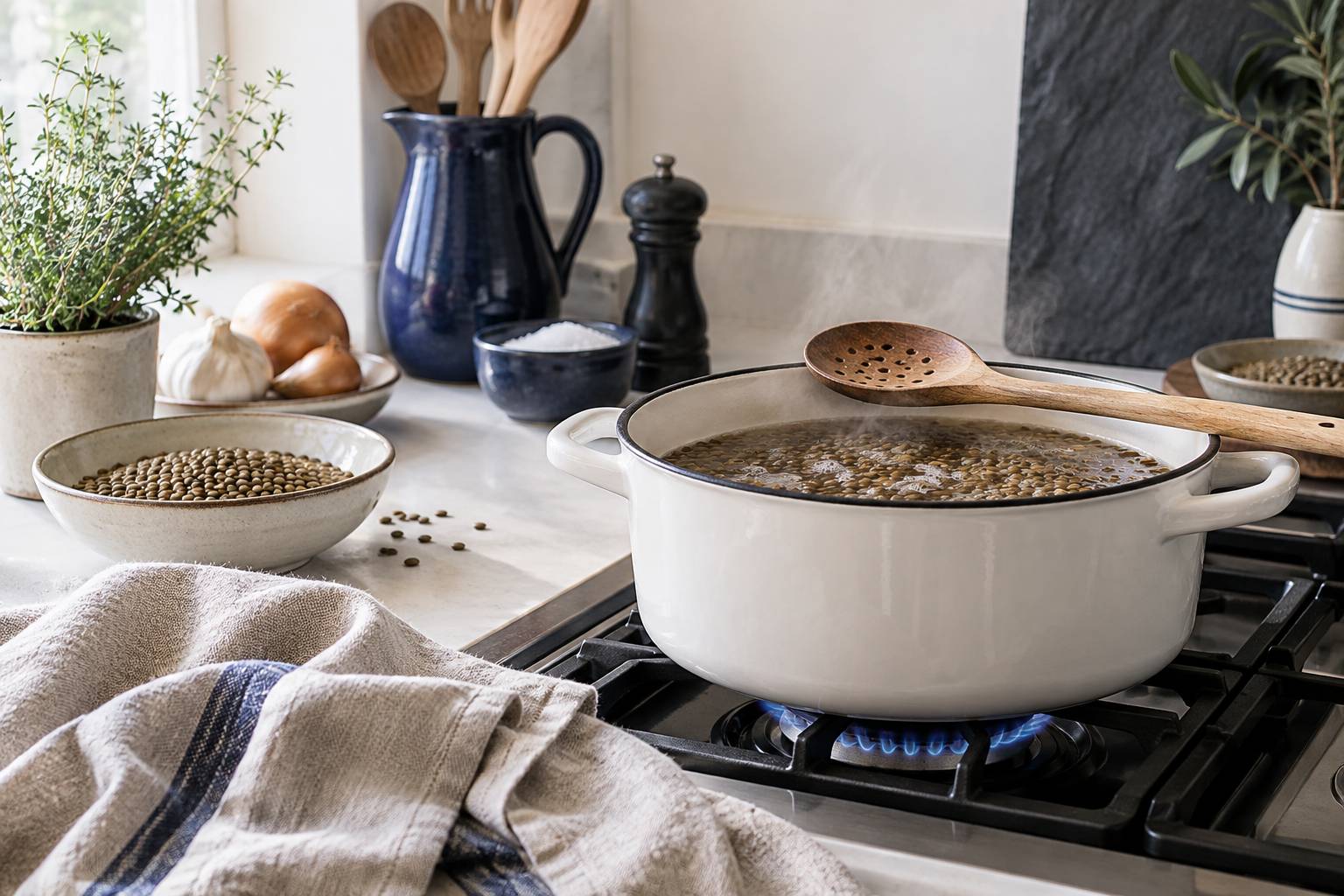 Lentilles blondes en frémissement dans une casserole avec vapeur discrète