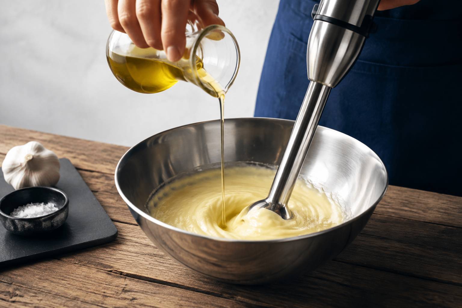 Mayonnaise montant au mixeur plongeant dans un bol en inox avec un filet d'huile versé au-dessus