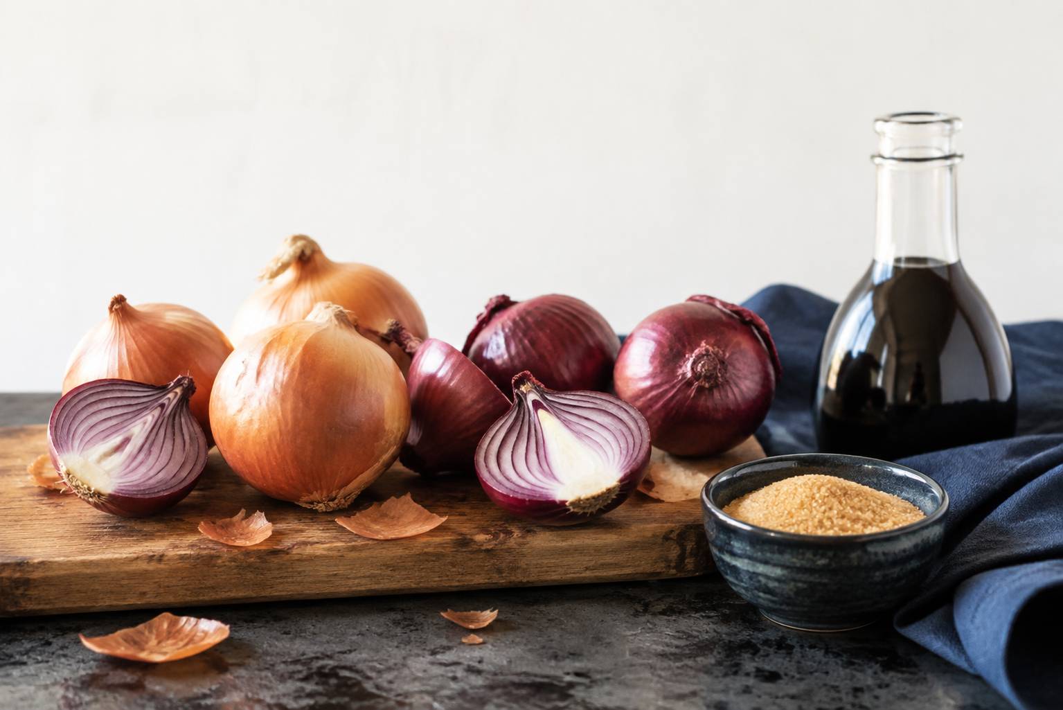 Oignons jaunes et rouges coupés avec sucre roux et vinaigre balsamique sur planche en bois