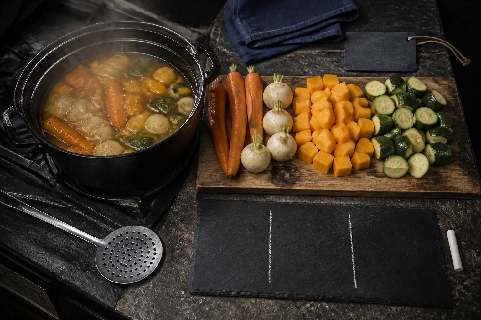 Marmite de bouillon avec légumes du couscous groupés selon leur temps de cuisson